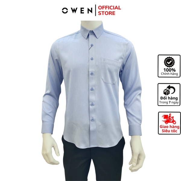 Áo Sơ Mi Nam Tay Dài Owen AR230602DT màu melange xanh nhạt dáng regular fit tà lượn có túi vải café