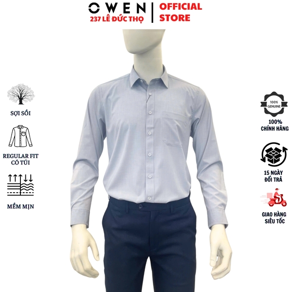 Áo sơ mi nam tay dài Owen AR240595DT màu xám nhạt dáng suông regular fit tà lượn có túi chất liệu modal spandex
