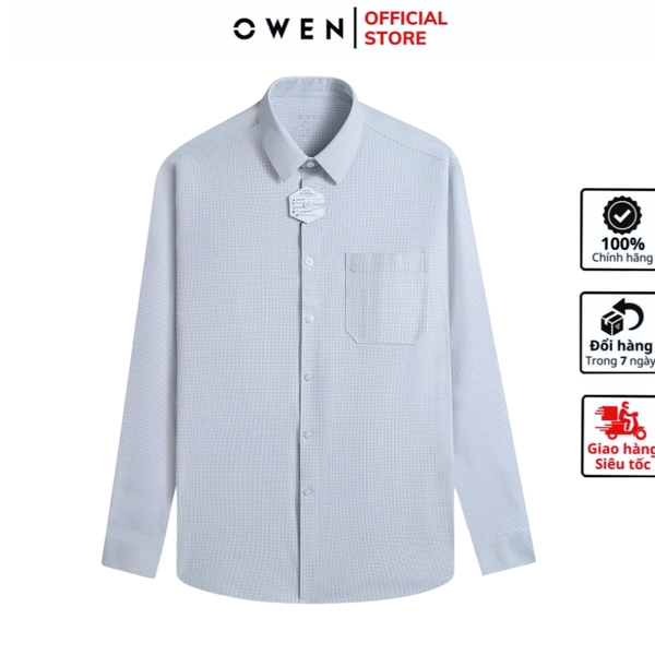 Áo sơ mi nam tay dài Owen AR250050DT màu xanh lá nhạt kẻ caro dáng suông regular fit tà lượn có túi chất liệu knit