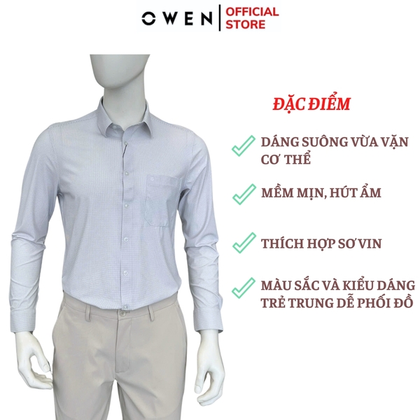 Áo sơ mi nam tay dài Owen AR250050DT màu xanh lá nhạt kẻ caro dáng suông regular fit tà lượn có túi chất liệu knit