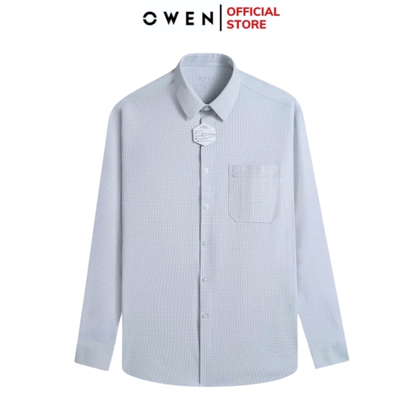 Áo sơ mi nam tay dài Owen AR250050DT màu xanh lá nhạt kẻ caro dáng suông regular fit tà lượn có túi chất liệu knit