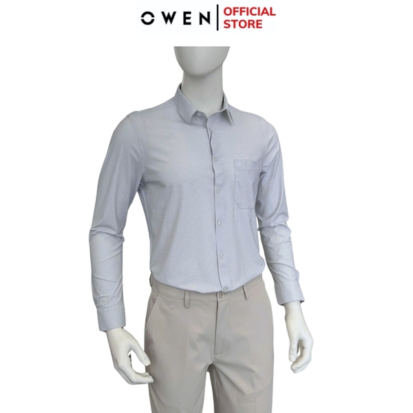 Áo sơ mi nam tay dài Owen AR250050DT màu xanh lá nhạt kẻ caro dáng suông regular fit tà lượn có túi chất liệu knit