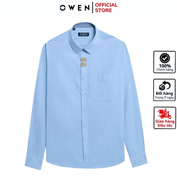 Áo sơ mi nam tay dài Owen AR250055DT màu xanh nhạt dáng suông regular fit tà lượn có túi Chất liệu Bamboo poly