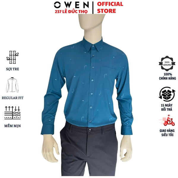 Áo Sơ mi nam tay dài Owen AR250343DT màu xanh đậm dáng suông regular fit tà lượn có túi chất liệu bamboo spandex