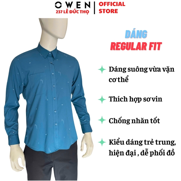 Áo Sơ mi nam tay dài Owen AR250343DT màu xanh đậm dáng suông regular fit tà lượn có túi chất liệu bamboo spandex