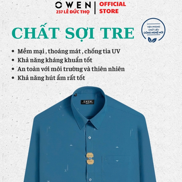 Áo Sơ mi nam tay dài Owen AR250343DT màu xanh đậm dáng suông regular fit tà lượn có túi chất liệu bamboo spandex