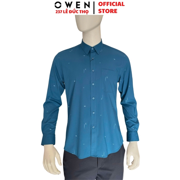 Áo Sơ mi nam tay dài Owen AR250343DT màu xanh đậm dáng suông regular fit tà lượn có túi chất liệu bamboo spandex