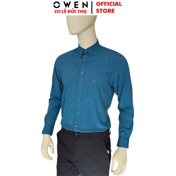Áo Sơ mi nam tay dài Owen AR250343DT màu xanh đậm dáng suông regular fit tà lượn có túi chất liệu bamboo spandex