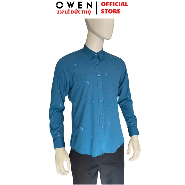 Áo Sơ mi nam tay dài Owen AR250343DT màu xanh đậm dáng suông regular fit tà lượn có túi chất liệu bamboo spandex