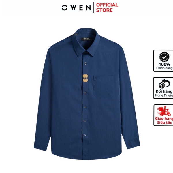 Áo sơ mi nam tay dài Owen AR250371DT màu xanh tím than dáng suông regular fit tà lượn có túi chất liệu bamboo spandex