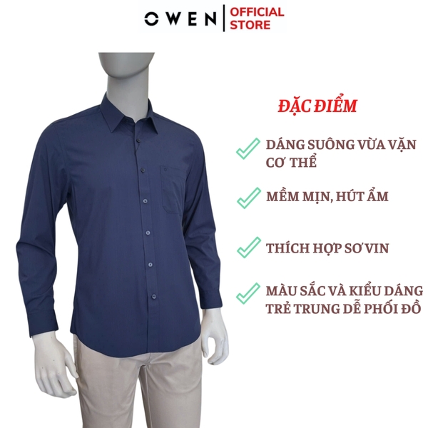 Áo sơ mi nam tay dài Owen AR250371DT màu xanh tím than dáng suông regular fit tà lượn có túi chất liệu bamboo spandex