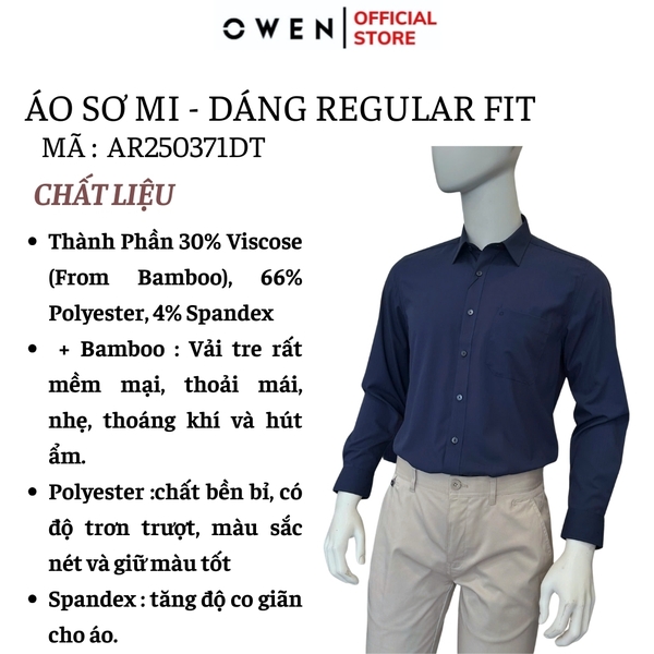 Áo sơ mi nam tay dài Owen AR250371DT màu xanh tím than dáng suông regular fit tà lượn có túi chất liệu bamboo spandex