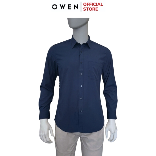 Áo sơ mi nam tay dài Owen AR250371DT màu xanh tím than dáng suông regular fit tà lượn có túi chất liệu bamboo spandex
