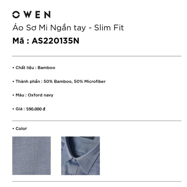 Áo Sơ Mi Nam Tay Ngắn Owen AS220135N Màu Oxford Navy Slim Fit Tà Lượn Không Túi Ngực Vải Sợi Tre