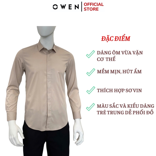 Áo sơ mi nam tay dài Owen AS250084D màu hồng đậm dáng ôm slim fit tà lượn không túi chất liệu spandex
