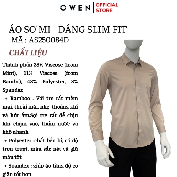 Áo sơ mi nam tay dài Owen AS250084D màu hồng đậm dáng ôm slim fit tà lượn không túi chất liệu spandex