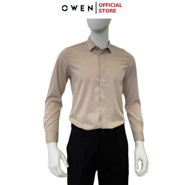 Áo sơ mi nam tay dài Owen AS250084D màu hồng đậm dáng ôm slim fit tà lượn không túi chất liệu spandex