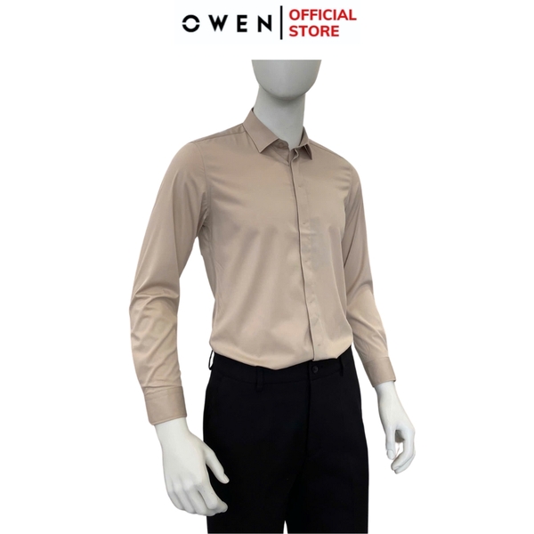 Áo sơ mi nam tay dài Owen AS250084D màu hồng đậm dáng ôm slim fit tà lượn không túi chất liệu spandex