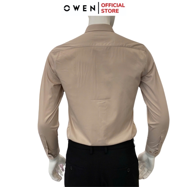 Áo sơ mi nam tay dài Owen AS250084D màu hồng đậm dáng ôm slim fit tà lượn không túi chất liệu spandex