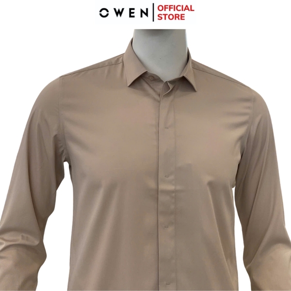 Áo sơ mi nam tay dài Owen AS250084D màu hồng đậm dáng ôm slim fit tà lượn không túi chất liệu spandex