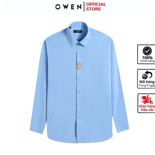 Áo sơ mi nam tay dài Owen AS250344D màu xanh jacquard dáng ôm slim fit là lượn không túi chất liệu bamboo spandex