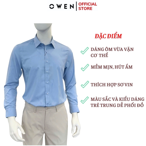 Áo sơ mi nam tay dài Owen AS250344D màu xanh jacquard dáng ôm slim fit là lượn không túi chất liệu bamboo spandex