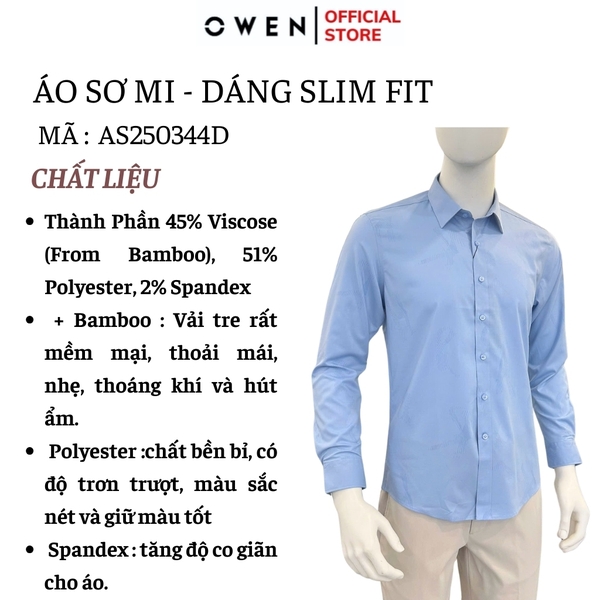 Áo sơ mi nam tay dài Owen AS250344D màu xanh jacquard dáng ôm slim fit là lượn không túi chất liệu bamboo spandex