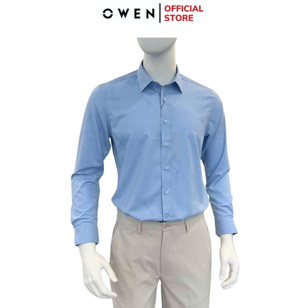 Áo sơ mi nam tay dài Owen AS250344D màu xanh jacquard dáng ôm slim fit là lượn không túi chất liệu bamboo spandex