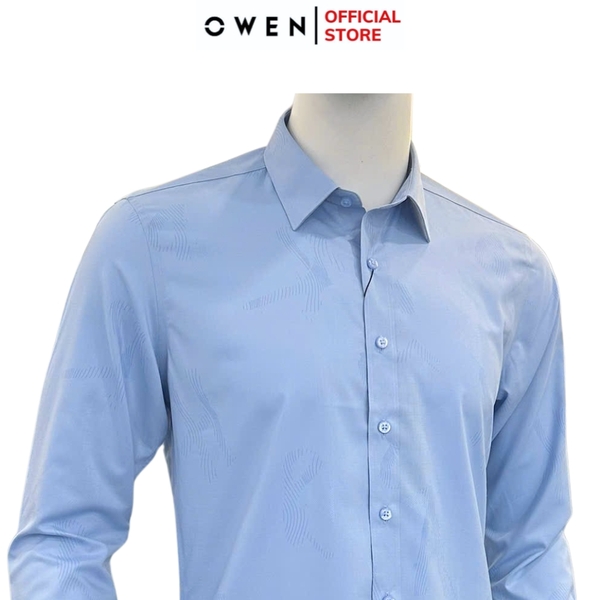 Áo sơ mi nam tay dài Owen AS250344D màu xanh jacquard dáng ôm slim fit là lượn không túi chất liệu bamboo spandex