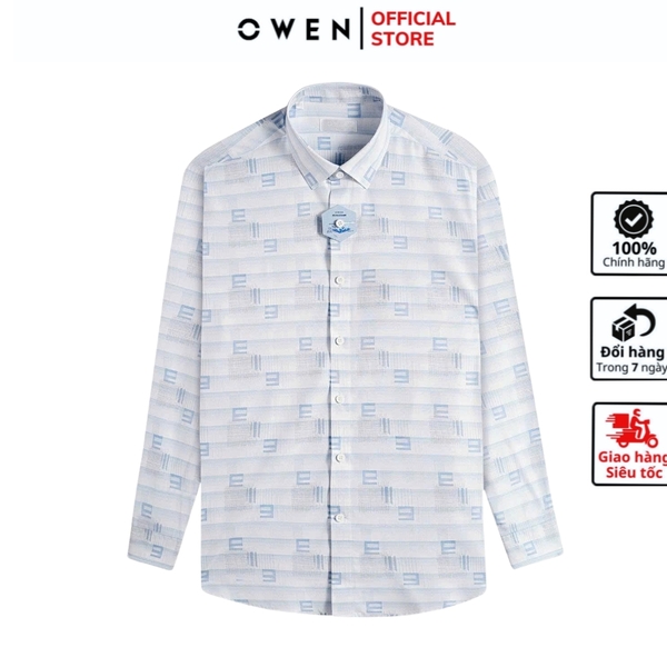 Áo sơ mi nam tay dài Owen AS255037D màu xanh họa tiết chữ dáng ôm slim fit là lượn không túi chất liệu nano