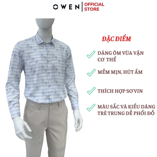 Áo sơ mi nam tay dài Owen AS255037D màu xanh họa tiết chữ dáng ôm slim fit là lượn không túi chất liệu nano
