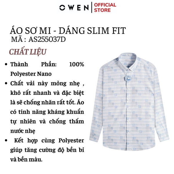 Áo sơ mi nam tay dài Owen AS255037D màu xanh họa tiết chữ dáng ôm slim fit là lượn không túi chất liệu nano