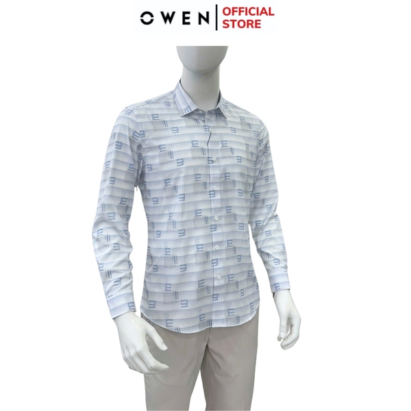 Áo sơ mi nam tay dài Owen AS255037D màu xanh họa tiết chữ dáng ôm slim fit là lượn không túi chất liệu nano