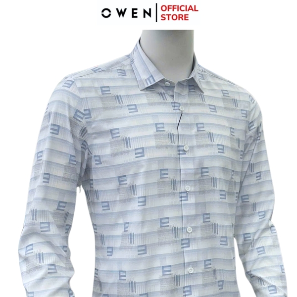 Áo sơ mi nam tay dài Owen AS255037D màu xanh họa tiết chữ dáng ôm slim fit là lượn không túi chất liệu nano