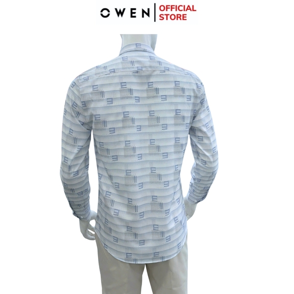 Áo sơ mi nam tay dài Owen AS255037D màu xanh họa tiết chữ dáng ôm slim fit là lượn không túi chất liệu nano