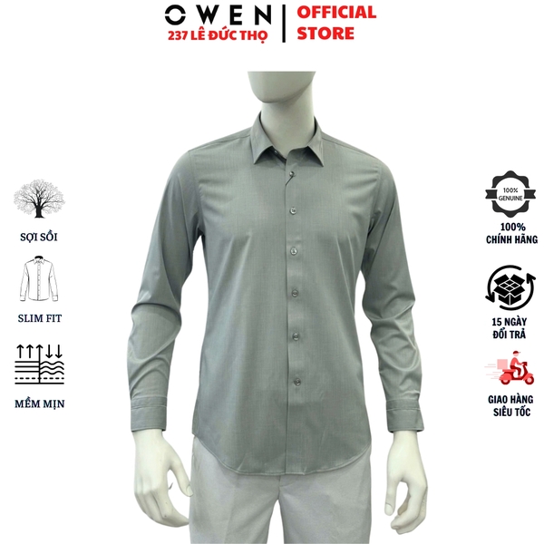 Áo sơ mi nam tay dài Owen AS255068D màu xám dáng ôm slim fit tà lượn không túi chất liệu polyester modal