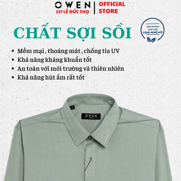 Áo sơ mi nam tay dài Owen AS255068D màu xám dáng ôm slim fit tà lượn không túi chất liệu polyester modal