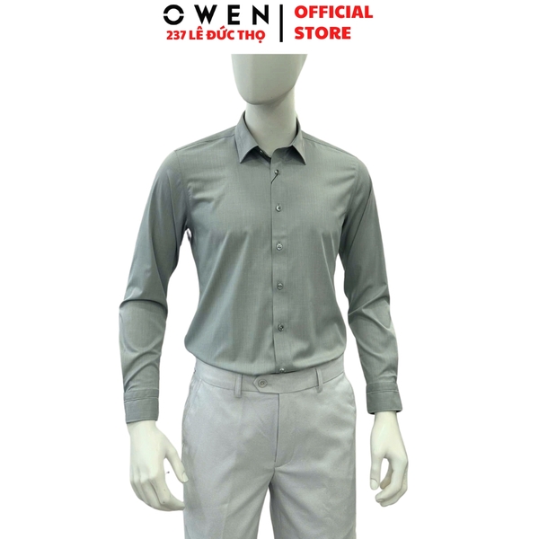 Áo sơ mi nam tay dài Owen AS255068D màu xám dáng ôm slim fit tà lượn không túi chất liệu polyester modal