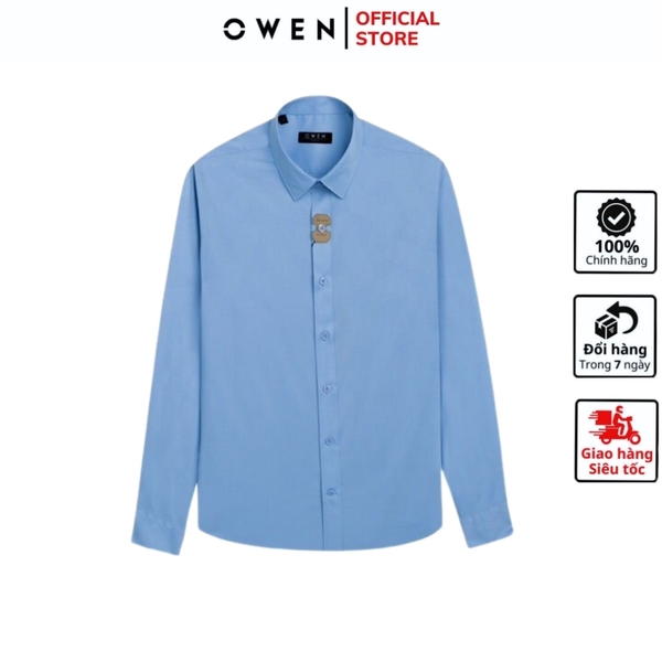 Áo Sơ Mi Nam Tay Dài Owen AR240533D màu xanh dáng suông tà lượn không túi chất liệu bambo poly