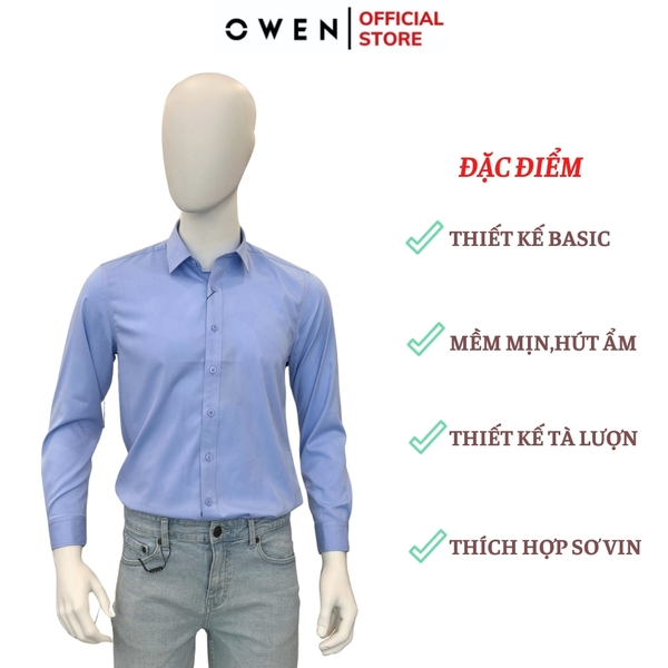 Áo Sơ Mi Nam Tay Dài Owen AR240533D màu xanh dáng suông tà lượn không túi chất liệu bambo poly