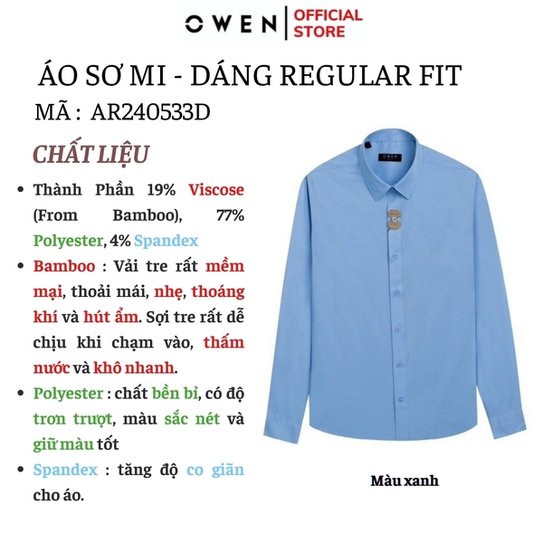 Áo Sơ Mi Nam Tay Dài Owen AR240533D màu xanh dáng suông tà lượn không túi chất liệu bambo poly