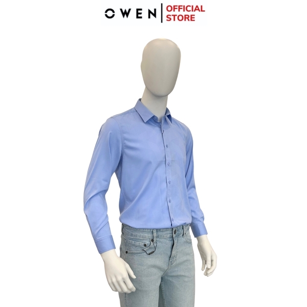 Áo Sơ Mi Nam Tay Dài Owen AR240533D màu xanh dáng suông tà lượn không túi chất liệu bambo poly
