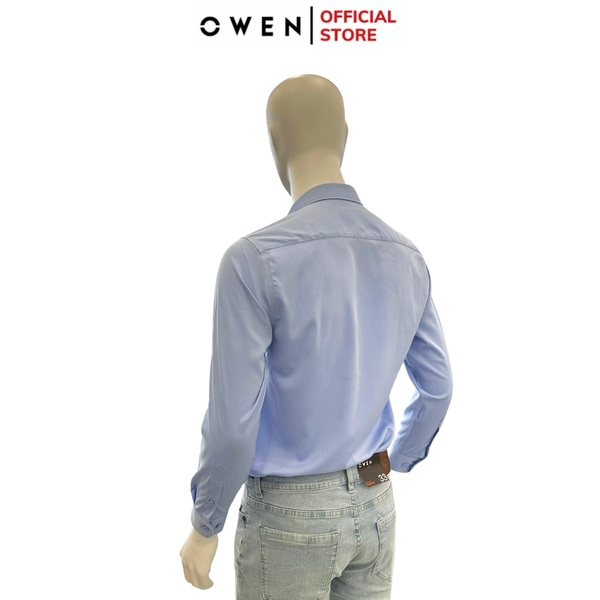 Áo Sơ Mi Nam Tay Dài Owen AR240533D màu xanh dáng suông tà lượn không túi chất liệu bambo poly