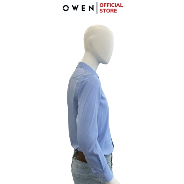 Áo Sơ Mi Nam Tay Dài Owen AR240533D màu xanh dáng suông tà lượn không túi chất liệu bambo poly