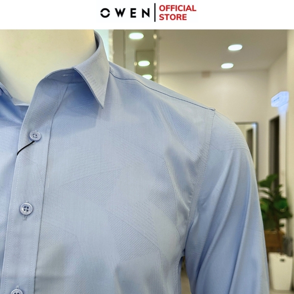 Áo Sơ Mi Nam Tay Dài Owen AR240533D màu xanh dáng suông tà lượn không túi chất liệu bambo poly