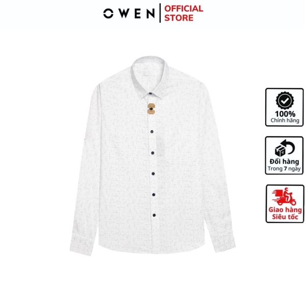 Áo Sơ Mi Nam Tay Dài Owen AR240057DT màu trắng in họa tiết dáng suông tà lượn có túi chất liệu bambo poly