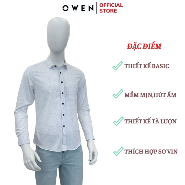 Áo Sơ Mi Nam Tay Dài Owen AR240057DT màu trắng in họa tiết dáng suông tà lượn có túi chất liệu bambo poly