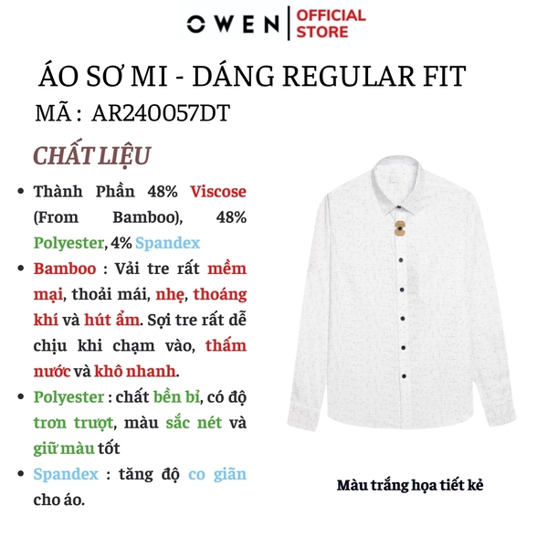 Áo Sơ Mi Nam Tay Dài Owen AR240057DT màu trắng in họa tiết dáng suông tà lượn có túi chất liệu bambo poly