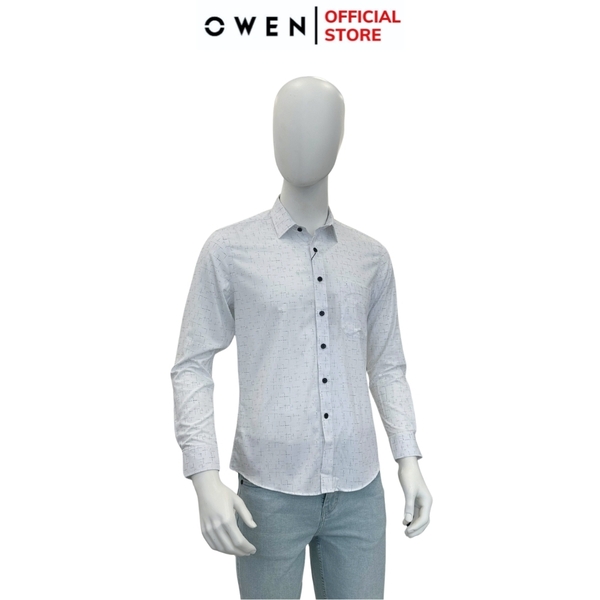 Áo Sơ Mi Nam Tay Dài Owen AR240057DT màu trắng in họa tiết dáng suông tà lượn có túi chất liệu bambo poly