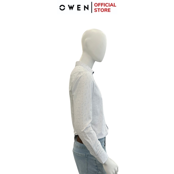 Áo Sơ Mi Nam Tay Dài Owen AR240057DT màu trắng in họa tiết dáng suông tà lượn có túi chất liệu bambo poly